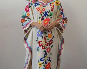 Handmade Embroidered Maxi Dress Traditional Mexican Butterfly Sleeves, Rayon Fabric Vintage Bohemian Dress
