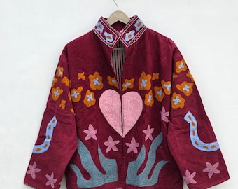Handmade Vintage Suzani Embroidered Cotton Suzani Jacket, Women Wear Boho Coat Bomber Short Jacket Ethnic Outerwear Gift For Her Duster Coat