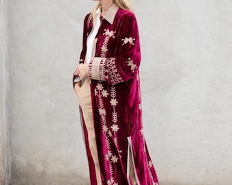 Handmade Velvet Suzani Embroidered Long Kimono Boho Suzani long Statement Jacket Jacket Ethnic Outerwear Gift For Her Duster Coat
