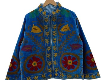 Handmade Vintage Suzani Embroidered Cotton Suzani Jacket, Women Wear Embroidery Short Coat Cotton Velvet Jacket