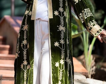 Handmade Velvet Suzani Embroidered Long Kimono Boho Suzani long Statement Jacket Jacket Ethnic Outerwear Gift For Her Duster Coat
