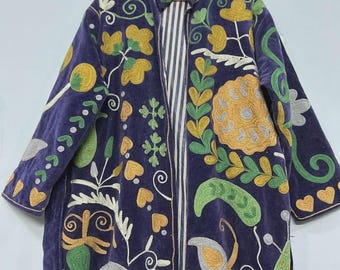 Hand Embroidery Floral Suzani Fabric Velvet Jacket Coat Long Winter Overcoat Unisex Bathrobe Party Summer Wear