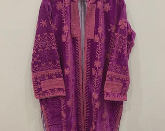 Wine Suzani Velvet Aari Embroidered Jacket | Handmade Kashmiri Embroidery Coat Long Kimono Boho Suzani long Statement Jacket