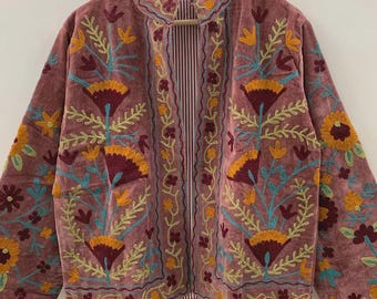 Handmade Vintage Suzani Embroidered Cotton Suzani Jacket, Women Wear Boho Coat Bomber Short Jacket Ethnic Outerwear Gift For Her Duster Coat