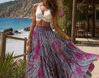 Boho maxi rok voor dames | Soepelvallende lange rok | Rok met hoge taille en elastiek | Festivaloutfit | Strandkleding | Boho gypsy rok
