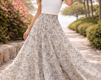 Boho Maxi Rock Floral | Fließender High Waist Rock | Romantischer Boho Sommerrock | Langer Strandrock | Leichte Boho-Kleidung | Fest