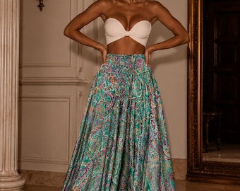 Pantaloni boho a gamba larga da donna, pantaloni palazzo lunghi, gonna ampia con stampa paisley, abbigliamento estivo da resort.