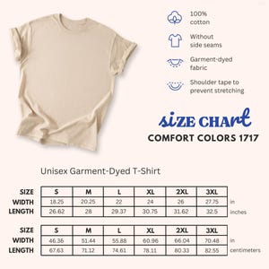 Puede incluir: Una camiseta unisex te&ntilde;ida en prenda de color beige, 100% algod&oacute;n. La imagen incluye una tabla de tallas con medidas en pulgadas y cent&iacute;metros. Caracter&iacute;sticas: sin costuras laterales, tejido te&ntilde;ido en prenda y cinta en los hombros para evitar que se estire. Tambi&eacute;n se ve el texto "COMFORT COLORS 1717".