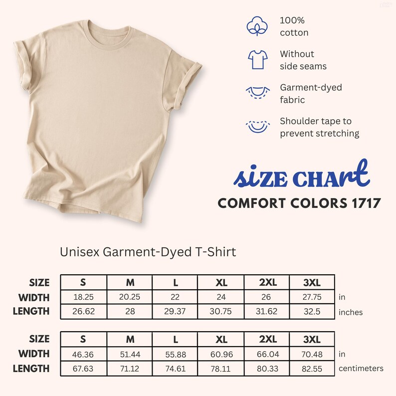 Puede incluir: Una camiseta unisex te&ntilde;ida en prenda de color beige, 100% algod&oacute;n. La imagen incluye una tabla de tallas con medidas en pulgadas y cent&iacute;metros. Caracter&iacute;sticas: sin costuras laterales, tejido te&ntilde;ido en prenda y cinta en los hombros para evitar que se estire. Tambi&eacute;n se ve el texto "COMFORT COLORS 1717".