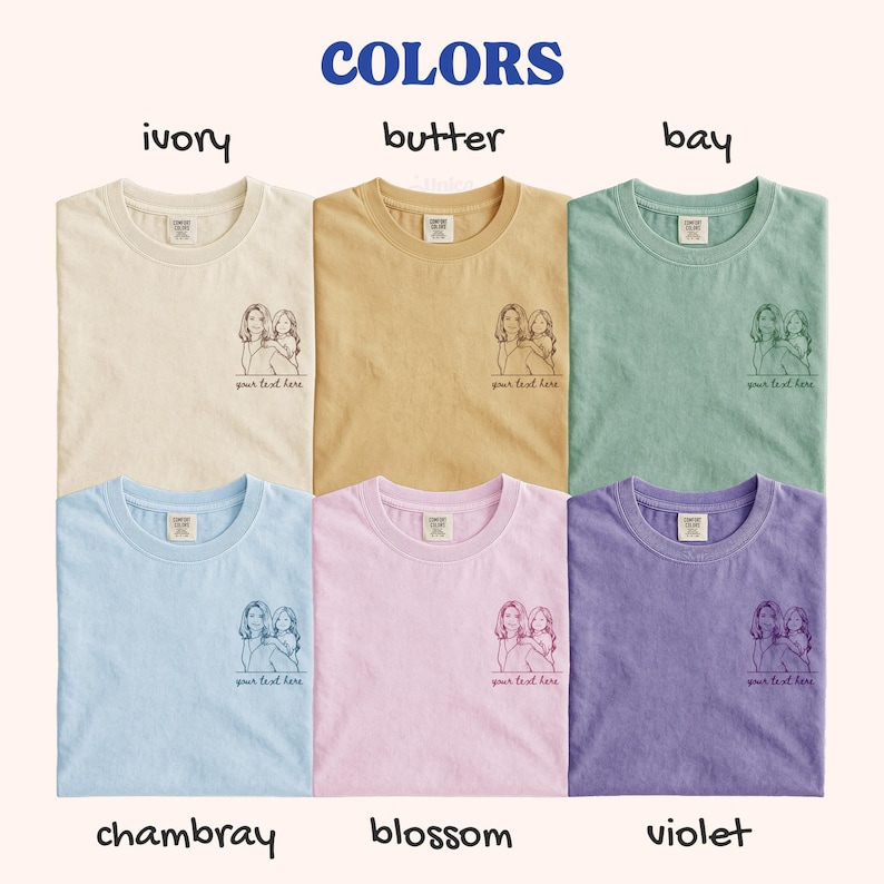 Puede incluir: Seis camisetas en varios colores: marfil, mantequilla, bah&iacute;a, chambray, flor y violeta. Cada camiseta tiene cuello redondo y un peque&ntilde;o gr&aacute;fico de dos figuras con el texto "your text here" debajo. La palabra "COLORS" est&aacute; en la parte superior.
