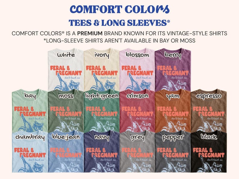 May include: A collection of Comfort Colors t-shirts in various colors including white, ivory, blossom, berry, bay, moss, light green, crimson, yam, espresso, chambray, blue jean, navy, grey, pepper, and black, each featuring the text FERAL & PREGNANT.