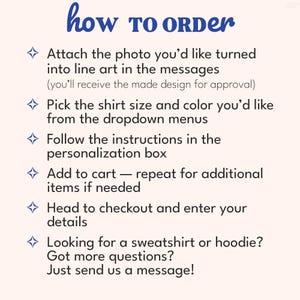Puede incluir: Una imagen con el texto "how TO ORDER" en azul. Instrucciones: adjuntar foto, elegir talla y color, seguir instrucciones de personalizaci&oacute;n, a&ntilde;adir al carrito y finalizar compra. Se anima a preguntar.