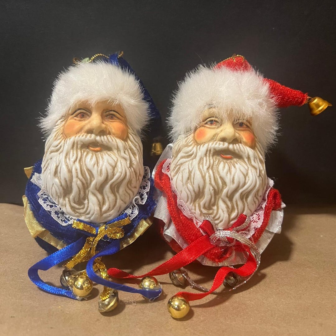 Vintage Old World Pair of 2 Ceramic Santa Claus Head Ornaments Bells ...