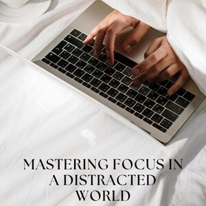 Pode incluir: Um laptop com mãos digitando no teclado, com o texto "E-BOOK" no topo. O texto "MASTERING FOCUS IN A DISTRACTED WORLD" é exibido abaixo do laptop, com "AUREVIADIGITAL" na parte inferior. Uma xícara de café está em um pires.
