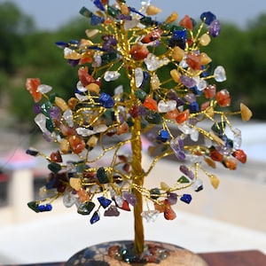 Handmade Multi Gemstone Tree Sculpture, Colorful Bonsai Wire Art, Wooden Base Decor