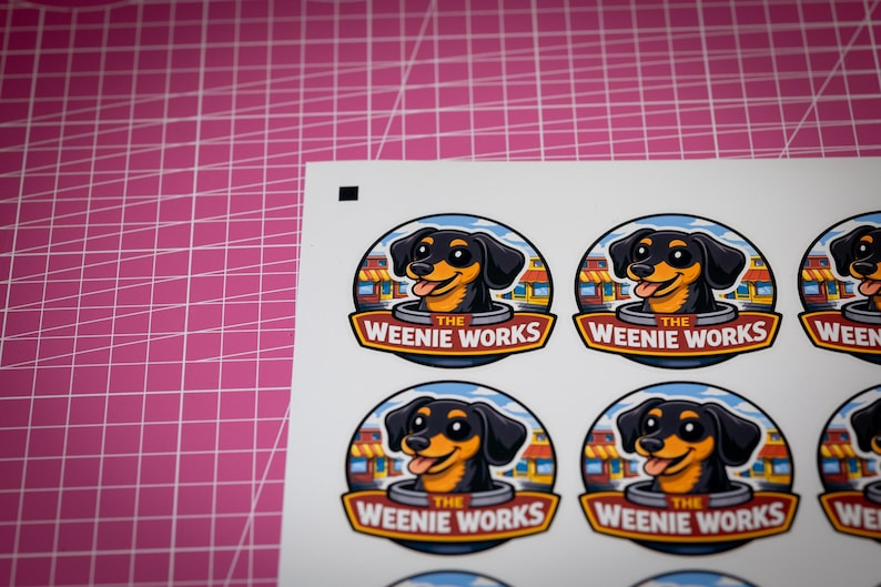 May include: Sheet of stickers featuring a cartoon dachshund dog with a smiling expression. The dog is black and tan, set against a blue and white background. The text "The Weenie Works" is displayed in a banner below the dog.
