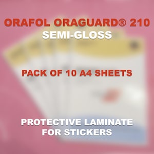 May include: A stack of A4 sheets of protective laminate for stickers. The image displays the text "ORAFOL ORAGUARD&reg; 210 SEMI-GLOSS PACK OF 10 A4 SHEETS PROTECTIVE LAMINATE FOR STICKERS" in red and white against a pink background.
