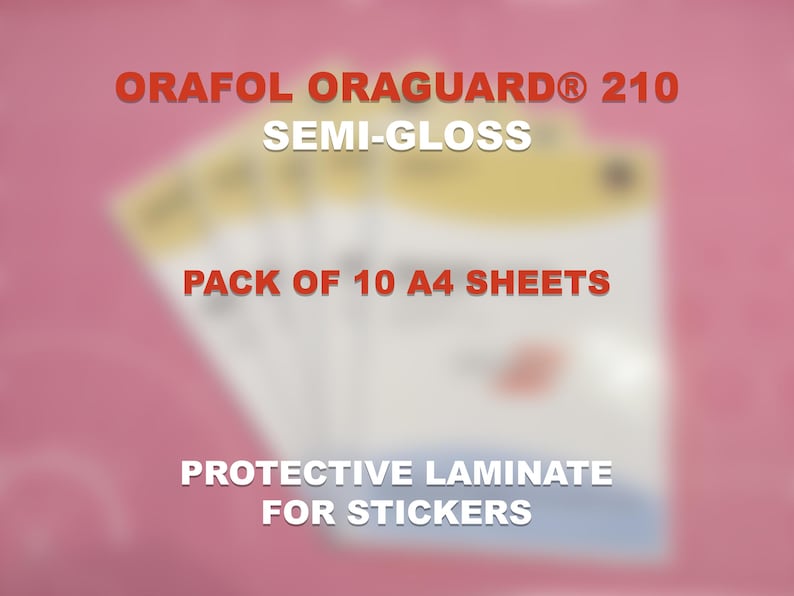 May include: A stack of A4 sheets of protective laminate for stickers. The image displays the text "ORAFOL ORAGUARD&reg; 210 SEMI-GLOSS PACK OF 10 A4 SHEETS PROTECTIVE LAMINATE FOR STICKERS" in red and white against a pink background.