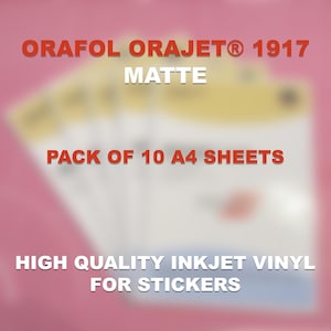 May include: A stack of white A4 sheets of ORAFOL ORAJET&reg; 1917 MATTE inkjet vinyl for stickers. The text "PACK OF 10 A4 SHEETS" is visible. The background is a blurred pink.