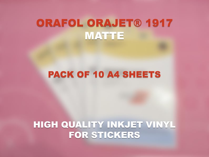 May include: A stack of white A4 sheets of ORAFOL ORAJET&reg; 1917 MATTE inkjet vinyl for stickers. The text "PACK OF 10 A4 SHEETS" is visible. The background is a blurred pink.