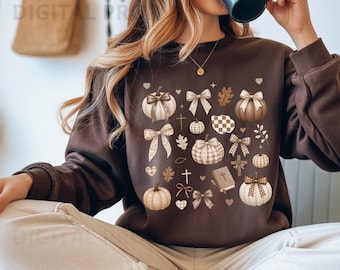 Coquette Mocha Bow Gingham Autumn PNG, Faith Harvest Elements, POD Shirt File Gift for Christian Woman Thanksgiving Cottagecore, sublimation