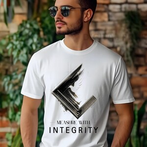 Puede incluir: Una camiseta blanca de manga corta con un gráfico negro de una escuadra de carpintero y una paloma blanca. El diseño incluye el texto "MEASURE WITH INTEGRITY" impreso en letras mayúsculas negras debajo de la ilustración central.