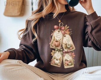 Vintage Autumn Gift Tags PNG, Hello Fall Cozy Days Pumpkin, POD Shirt File Gift for Woman Thanksgiving Cottagecore Farmhouse Floral Decor