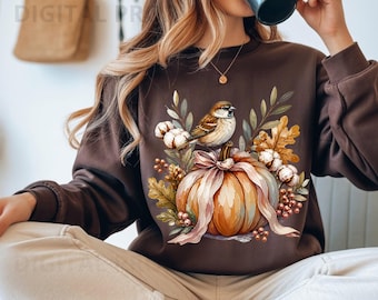 Herfstpompoenmus PNG, aquarel herfstvogel met pompoen, katoenbol, eikenbladeren, lint en strik, illustratie, modieus T-shirt, sublimatie