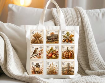 Autumn Vintage Postage Stamps PNG, Fall Country Harvest Sparrow Lantern Pumpkin Stamp Collage, Rustic Botanical, Thanksgiving Cottagecore