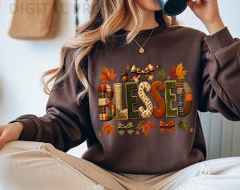 Blessed Fall PNG, Autumn Word Art with Maple Leaves Plaid Bow Acorn, Patchwork Quilted Texture Thanksgiving Clipart, Sublimation Printable