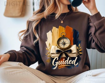 Guided Compass PNG, Vintage Nautical Word Art with Navy Bow Gold Laurel Scroll Brush Stroke, coastal christian, Compass Quote, christianity