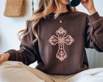 Vintage Floral Cross PNG, Elegant Christian Cross Art, Feminine Faith Cross Design for POD & Religious Decor, biblical design, Easter cross