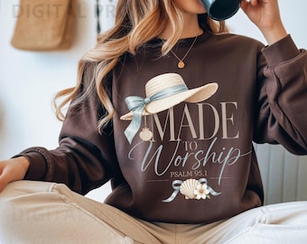 Made To Worship PNG、クリスチャンの麦わら帽子、貝殻、青いリボン、PODシャツファイル、クリスチャンの女性へのギフト、エレガントなビーチ、夏の礼拝、沿岸