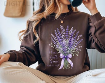 Lavender Bouquet Bow Christian Women PNG, Watercolor Purple Floral Faith, Elegant Religious Women Shirt, botanical lavender, lavender png