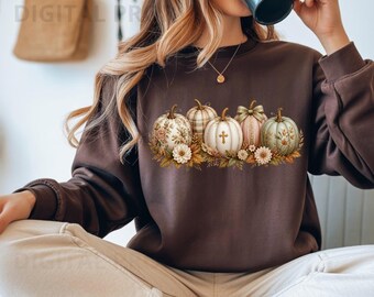 Elegant Decorated Pumpkins PNG, Floral Cross Christian Autumn Row png, POD Shirt File Gift for Woman Thanksgiving Cottagecore Farmhouse DTF