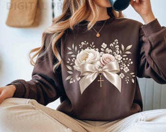 Ivory Floral Bouquet Cross Charm PNG, Elegant Christian Satin Bow, Peony Rose Faith,  Wedding Baptism Romantic Aesthetic, peony bouquet png