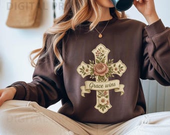 Embroidered Floral Cross PNG, Vintage Christian Rose Banner, Cream Floral Faith,  Patch Style Cottagecore Elegant Design, vintage christian