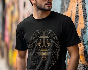 Gold Geometric Lion Cross PNG, Christian Lion Head Clipart, King of Judah png, Faith Sublimation, religious t shirt graphic, commercial use