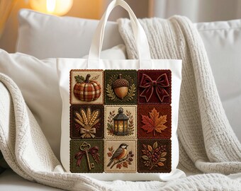 Autumn Embroidery Quilt Collage PNG, Fall Patchwork Pumpkin Acorn Lantern Bird, POD Shirt File Gift Thanksgiving Fall Home Decor Cozy png