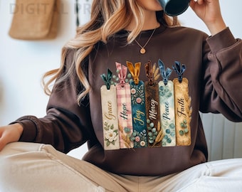 Bundel met PNG-clipart van christelijke bladwijzers, ontwerp met aquarelbloemen en Bijbelteksten over geloof, hoop, vreugde, genade en vrede, voor liefhebbers van vintage boeken.