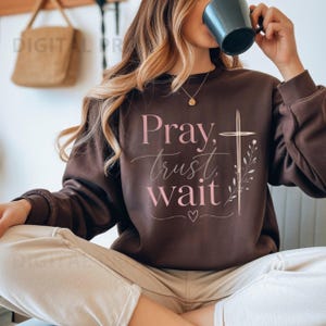 Puede incluir: Una sudadera marrón con las palabras "Pray, trust, wait" en escritura rosa y gris. Una cruz y un diseño floral están a la derecha del texto. La sudadera es de color liso y tiene mangas largas.