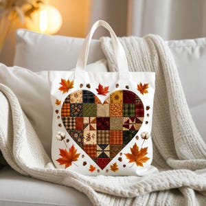 Cœur patchwork automnal à imprimer pour sublimation (PNG), motif floral à carreaux d'automne, cœur champêtre avec feuilles d'érable, glands et capsules de coton, idéal pour Thanksgiving.