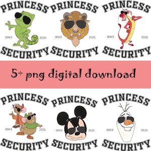 Puede incluir: Descarga digital con seis personajes de dibujos animados con gafas de sol. Los personajes están dispuestos en dos filas, cada una con las palabras "PRINCESS SECURITY" arriba y abajo. También está presente el texto "5+ png digital download".