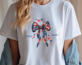 Patriotic Bow T-Shirt, USA 250th Anniversary 1776-2026, Vintage Stars Top