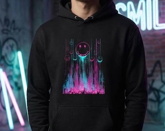 Neon Smile Hoodie, Vaporwave Smiley Face, Cyberpunk Streetwear, Y2K Sweatshirt