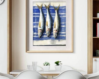 Coastal Fish Printable Wall Art, Sardines Kitchen Decor, Mediterranean Wall Art, Nautical Art Print, Digital Download