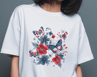 愛国的な花柄と蝶のTシャツ、アメリカ建国250周年記念