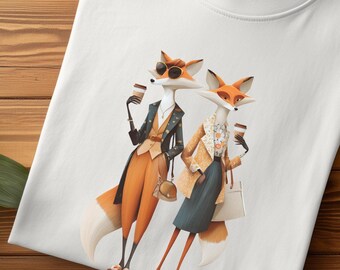 Fashion Foxes Coffee Couple T-Shirt, Chic Anthropomorphic Animal Graphic Tee