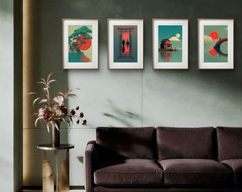 May include: Four framed art prints with Japanese-inspired landscape scenes. Each print features a red sun, water reflections, and stylized trees or structures. The frames are a light color, and the artwork is displayed on a dark green wall.