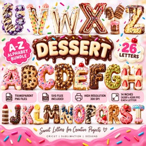 Könnte beinhalten: Ein digitales Alphabet-Set mit 26 Buchstaben, die als verschiedene Desserts gestaltet sind, darunter Donuts, Kekse und Kuchen mit Glasur, Streuseln und Obst. Der Text enthält A-Z ALPHABET BUNDLE, DESSERT, 26 LETTERS sowie technische Dateidetails.